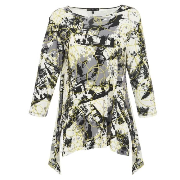 Kozan Juliet Asymmetrical Hem Graffiti Print Tunic Top Gray White Black S - Picture 1 of 5